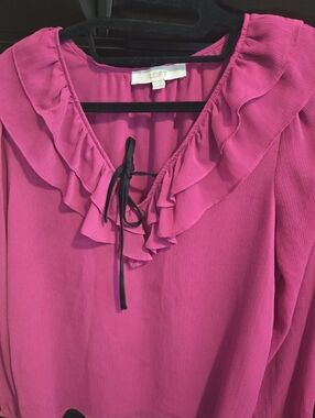 LOFT Magenta Ruffle V-Neck Blouse with Tie